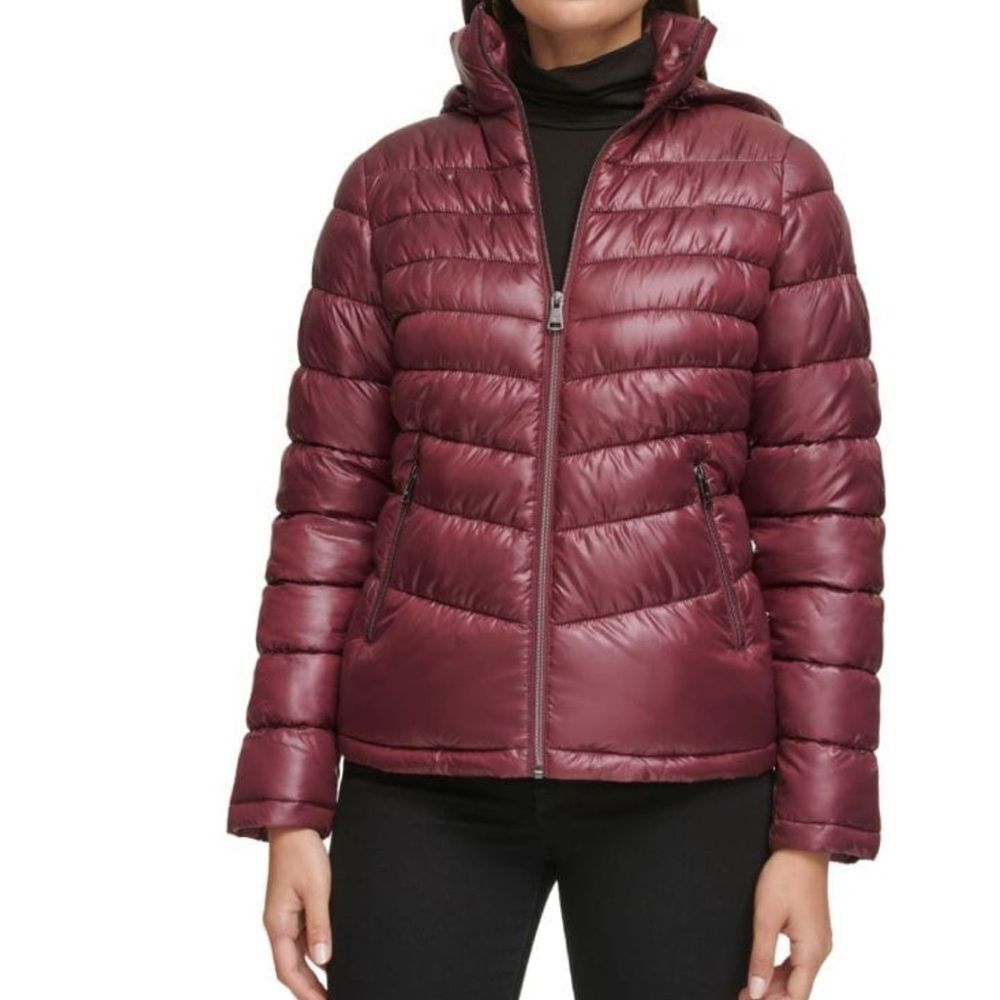 KENNETH COLE Zip Puffer Hooded Jacket Maroon Medium NWOT